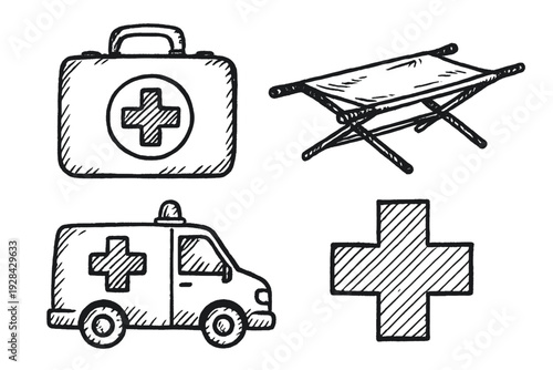 A collection of hand-drawn medical icons featuring a first aid kit, a stretcher, an ambulance, and a medical cross symbol in a black ink sketch style on a white background.