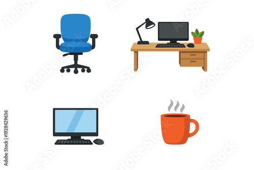 A collection of office-related illustrations including a blue swivel chair, a wooden desk with a computer setup, a standalone monitor with keyboard, and a steaming orange coffee mug.