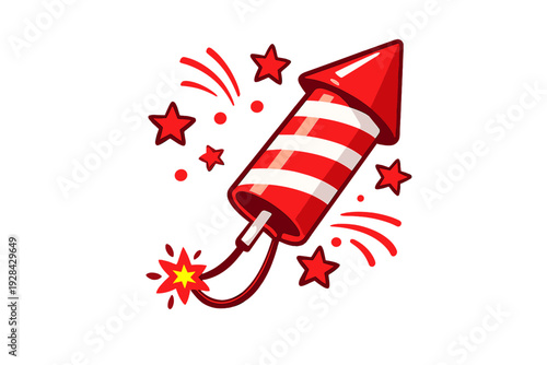 This cartoon illustration features a red and white striped firework rocket with a lit fuse, accompanied by red stars and decorative accents on a solid black background.