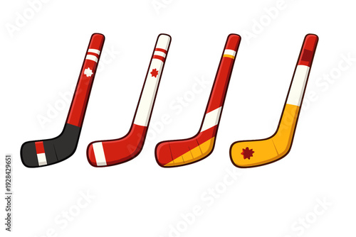 Four colorful ice hockey sticks are displayed in a row against a solid black background. Each stick features a unique design with stripes, stars, and various color combinations.