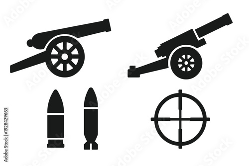 This set of black silhouette icons includes two different cannon designs, a bullet, a mortar shell, and a target reticle, all presented on a clean white background for graphic use.
