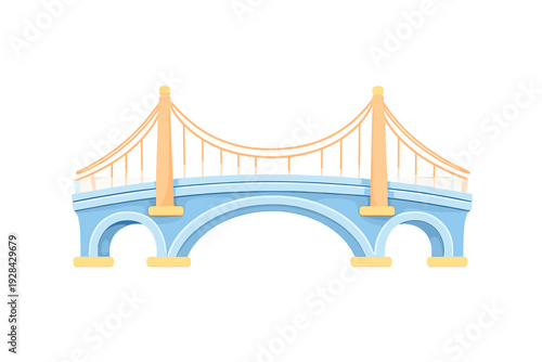 A stylized 3D illustration of a light blue arched bridge with orange suspension towers and yellow accents, isolated on a black background. It features a modern, cartoonish design.