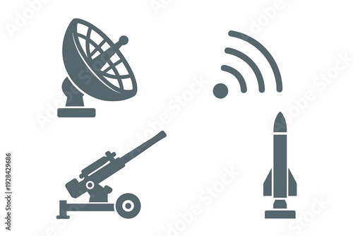 A collection of four dark gray military and communication icons including a satellite dish, a signal symbol, an artillery cannon, and a vertical rocket on a white background.