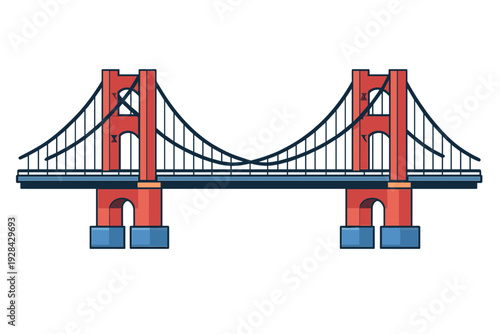 A flat vector illustration of a red suspension bridge with dark blue cables and a road deck, set against a dark background. The design features two main towers and symmetrical cables.
