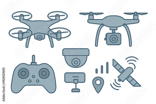 A collection of blue vector icons featuring drones, a remote controller, a security camera, a satellite, and a location pin, representing modern surveillance and aerial technology.