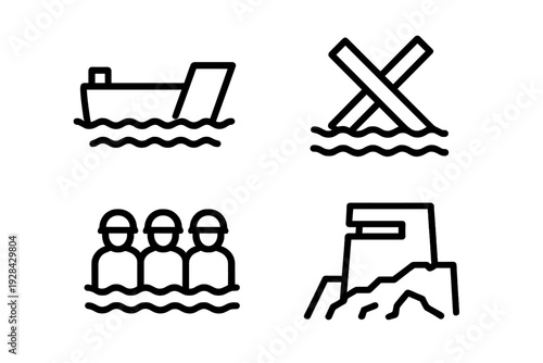 A set of four black line icons depicting military beach landing elements including a landing craft, anti-tank obstacles, soldiers in water, and a coastal bunker fortification.
