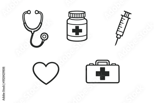 A collection of five black and white medical icons including a stethoscope, a pill bottle, a syringe, a heart shape, and a first aid kit, isolated on a solid black background.