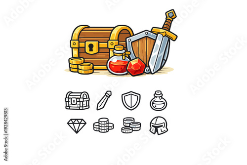 A collection of fantasy game assets including a treasure chest, sword, shield, potion, and coins. The set features both a colorful illustration and simple black and white icons.