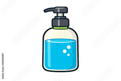 A vector illustration of a clear pump bottle filled with bright blue liquid and small bubbles, featuring a black dispenser top against a solid black background.
