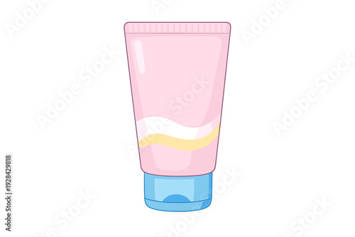 A cartoon illustration of a pink cosmetic tube with a blue cap and decorative wavy stripes in white and yellow, isolated against a solid black background.