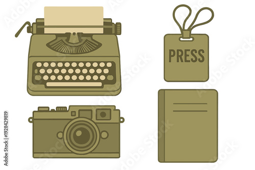A set of four vintage journalism icons including a typewriter, a camera, a press pass, and a notebook, all rendered in a monochromatic olive green flat illustration style.