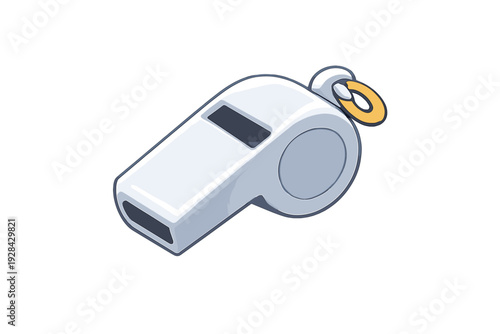 This digital illustration shows a sleek silver whistle with a small gold ring attached to the end. The object is presented at an angle against a solid black backdrop.