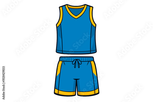 A vector illustration of a blue and yellow basketball uniform set, including a sleeveless jersey and matching drawstring shorts, isolated against a solid black background.