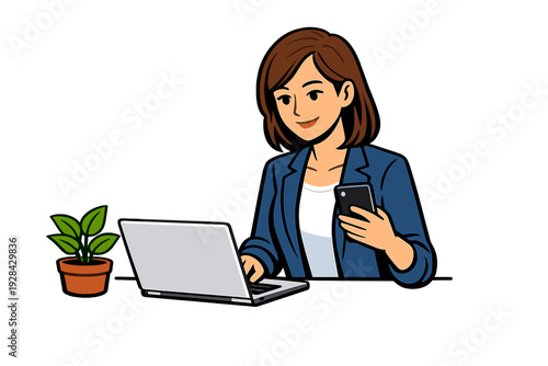 An illustration of a woman in a blue blazer working at a desk with a laptop and a smartphone. A small potted plant is on the table against a black background.