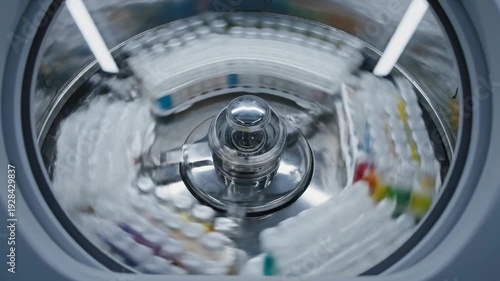 This industrial close-up of a metallic washing machine drum showcases an abstract steel circle design within the laundry equipment technology