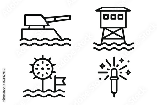 A set of four minimalist line icons depicting maritime defense elements including a naval gun turret, a coastal watchtower, a sea mine with a flag, and a glowing signal flare.