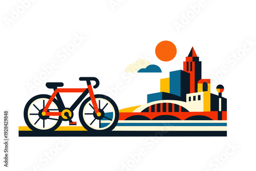 Minimalist vector illustration depicts a bicycle parked in front of a geometric city skyline with a bridge and a bright orange sun, all set against a solid black background.