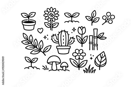 A collection of minimalist line art icons featuring various plants, flowers, mushrooms, and leaves. The white illustrations are set against a solid black background in a simple doodle style.