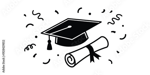 Black graduation cap with tassel and rolled diploma scroll with ribbon, surrounded by confetti and streamers.