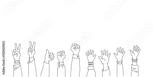 Line art vector illustration of multiple hands raised up with various gestures including peace sign, thumbs up, and open palms.
