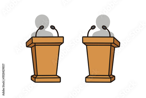 Illustration of two grey silhouettes standing behind wooden podiums with microphones on a black background. This represents a debate, public speaking, or a formal presentation.