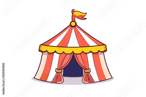 A colorful cartoon illustration of a classic circus tent with red and white stripes, a yellow flag on top, and open curtains leading into a dark blue interior space.