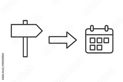 This black and white graphic shows a directional signpost followed by an arrow pointing to a calendar icon, symbolizing a timeline, roadmap, or future event planning.