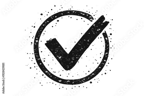 A white distressed checkmark symbol inside a circle on a solid black background. The graphic features a textured, grunge effect with splatters and worn edges throughout the design.