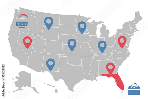 A gray map of the United States features red and blue location pins across various states. Florida is highlighted in red, and patriotic icons are placed in the corners of the image.