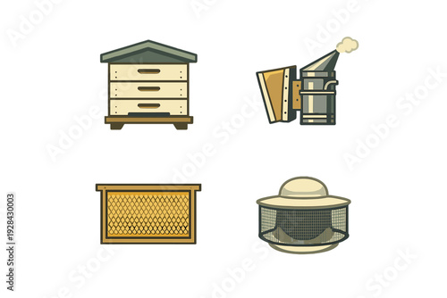 A set of four flat vector icons representing beekeeping equipment, including a wooden beehive, a metal smoker with bellows, a honeycomb frame, and a protective beekeeper hat with a mesh veil.