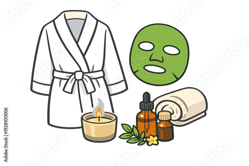 This illustration features various spa essentials like a white robe, a green face mask, a scented candle, essential oil bottles, and a rolled towel for a relaxing experience.