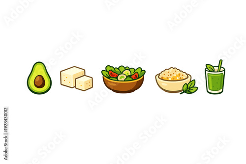A collection of five healthy food icons including a halved avocado, tofu cubes, a fresh salad bowl, a bowl of grains, and a glass of green juice, all set against a black background.