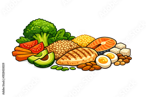 A colorful cartoon illustration featuring a variety of healthy foods like broccoli, grilled chicken, salmon, eggs, avocado, and grains against a solid black background.