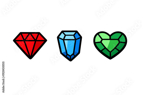 A set of three colorful vector gemstones featuring a red diamond, a blue sapphire, and a green heart-shaped emerald, all displayed in a row on a plain black background.