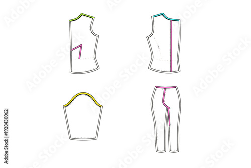 A technical illustration of sewing patterns for a garment set, including a bodice, sleeve, and trousers, shown as white outlines with colored accents on a black background.