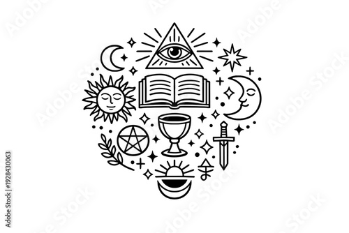 A collection of mystical and occult symbols including an eye of providence, sun, moon, pentagram, chalice, and sword arranged in a circular composition on a dark black background.