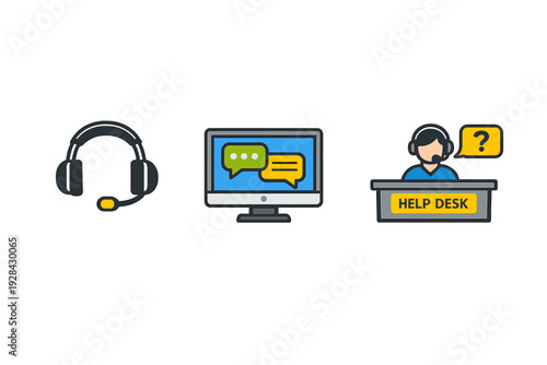 Three flat vector icons representing customer service and technical support, featuring a headset, a computer monitor with chat bubbles, and a help desk operator with a question mark.