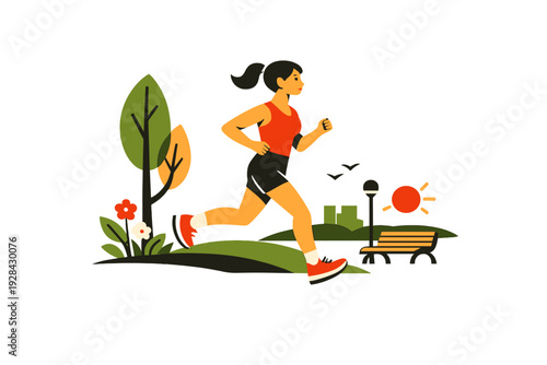 A flat vector illustration of a woman with a ponytail jogging through a park. The scene includes green trees, colorful flowers, a wooden bench, a lamp post, birds, and a bright orange sun.
