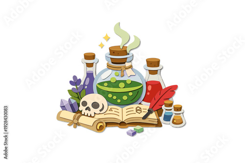 A flat vector illustration of magical alchemy items including a bubbling green potion, an open spellbook, a skull, a scroll, and various colorful glass bottles on a black background.