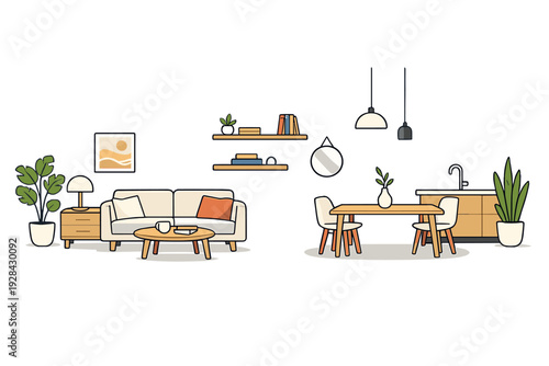 This minimalist vector illustration depicts a modern open-plan living and dining space with a sofa, wooden furniture, indoor plants, and stylish pendant lights on a dark backdrop.