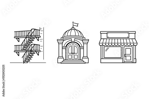 A set of three black and white line art icons representing different urban buildings, including a structure with a fire escape, a domed public building, and a small storefront.