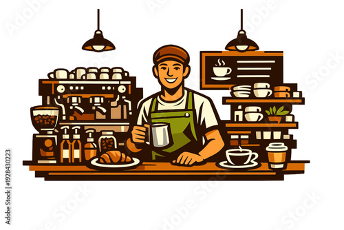 A smiling male barista wearing a green apron and brown cap stands behind a coffee shop counter filled with espresso equipment, cups, and a croissant in a flat vector illustration.