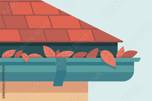 Clogged gutter with autumn leaves on roof edge