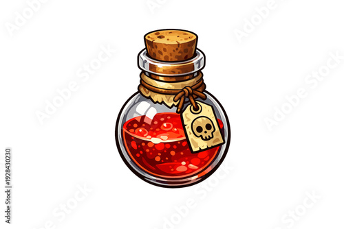 A small round glass bottle filled with a bubbling red liquid, sealed with a cork and featuring a skull tag, isolated on a black background in a digital illustration style.