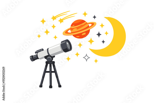 A cartoon illustration of a telescope on a tripod pointed towards a night sky filled with a crescent moon, a ringed planet, stars, and shooting stars on a black background.