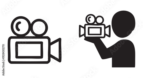 Vintage film camera icon and person filming with video camera symbol, creative production