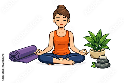 A cartoon illustration of a woman with brown hair sitting in a cross-legged yoga pose on a black background. She is meditating next to a purple mat, a potted plant, and zen stones.