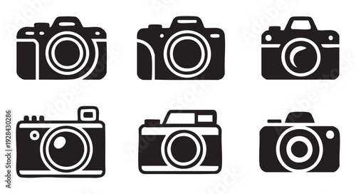 Collection of digital camera icons representing photography and technology in black and white