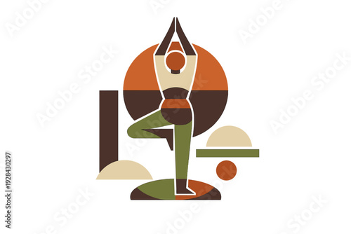 A stylized geometric illustration of a person performing a yoga tree pose against a black background, featuring abstract shapes and earth-toned colors like olive green and terracotta.