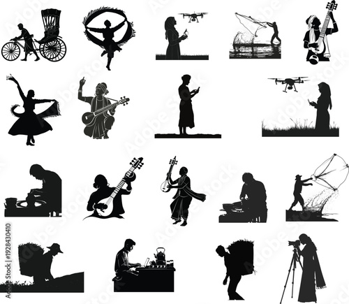 Silhouette collage of various artistic and recreational activities